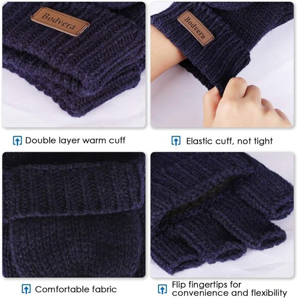 Women's Navy Winter Warm Thermal Insulation Fingerless Texting Wool Gloves - Picture 2 of 6